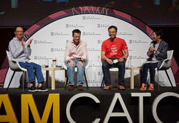 Panel speakers of the opening plenary: (left to right) Mr Antony Leung (梁錦松) , CEO, Nan Fung Group; Mr Leong Cheung (張亮), Executive Director, Charities and Community, The Hong Kong Jockey Club; Mr Jason Chiu (趙子翹), CEO, The Cherrypicks; and moderator Professor Bernadette Tsui.
